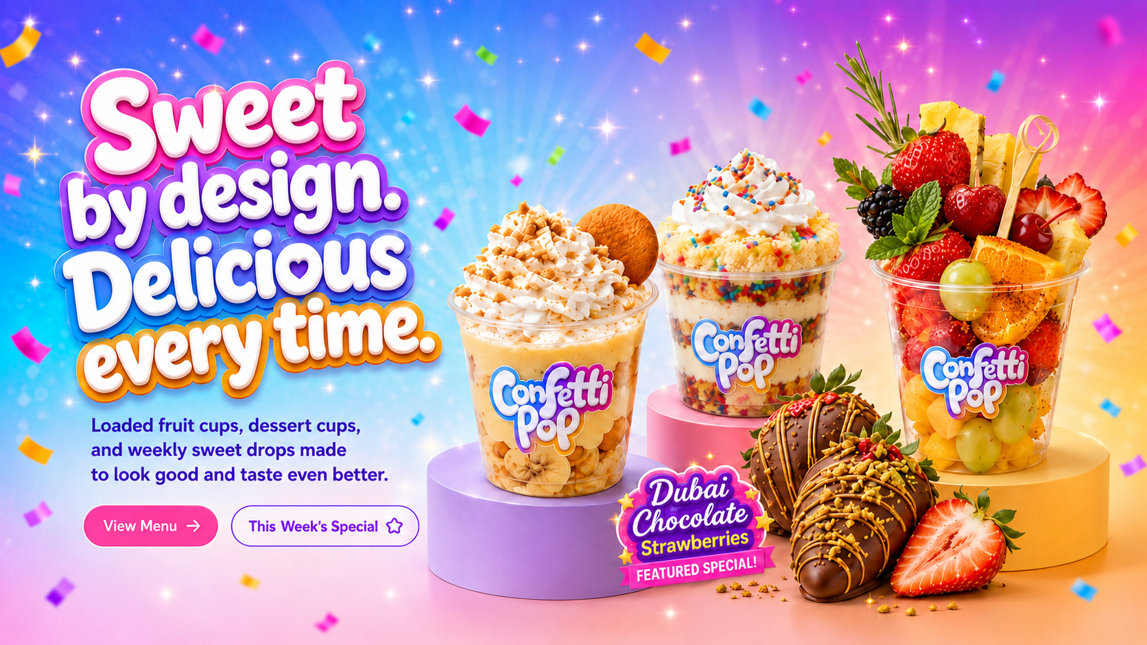 Confetti Pop desserts and fruit cups